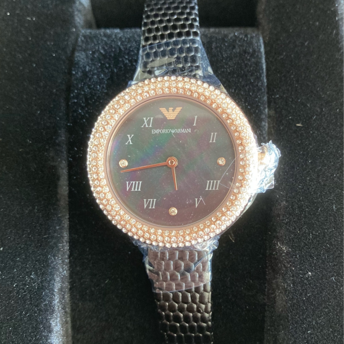Emporio Armani Aviator Crystals Mother of Pearl Black Dial Black Silicon Strap Watch For Women - AR11373 - Image 2